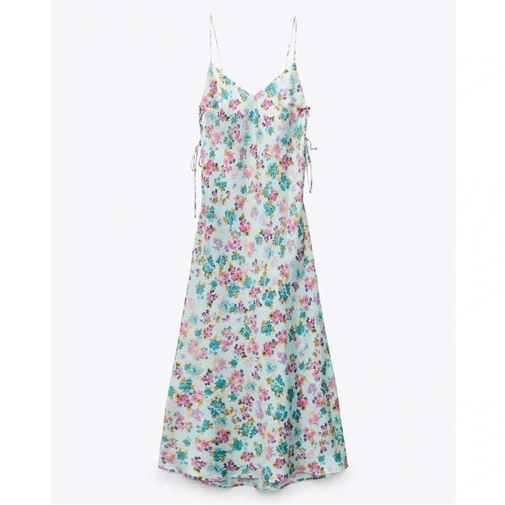 Zara Floral Printed Midi/Maxi Slip Side Tie Tank Dress Light Blue Pink Size S - Picture 6 of 12